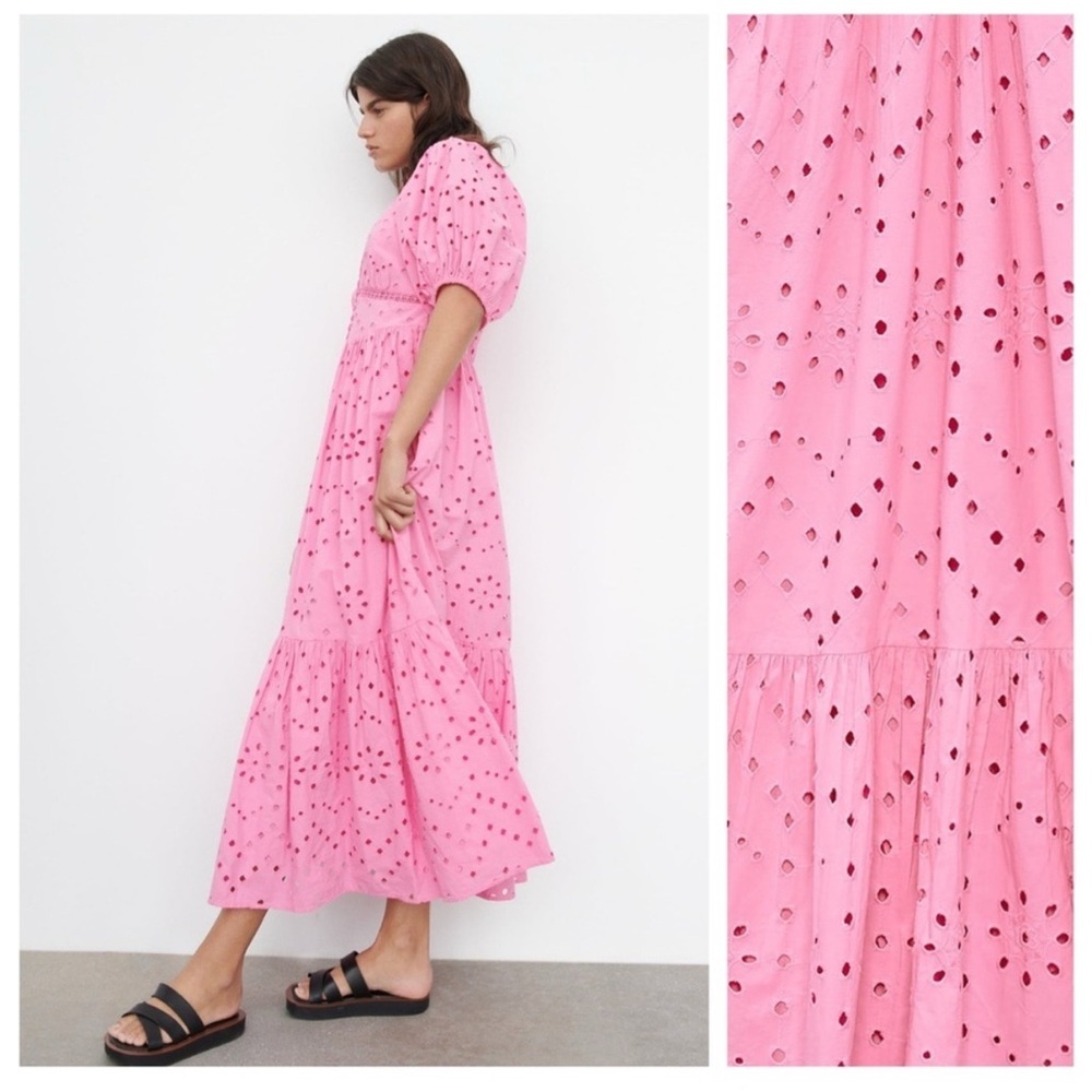 NWT | Zara Pink Openwork Embroidered Midi
V-neck Dress | Size M - Picture 7 of 13